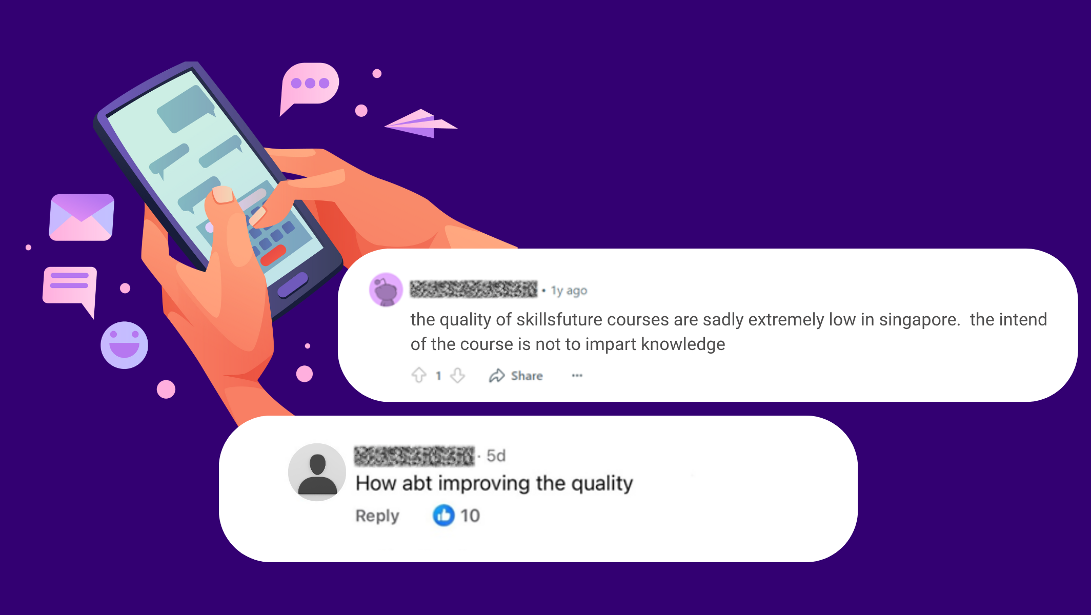 Screenshots of comments from netizens suggesting that Training providers need to improve on their course quality